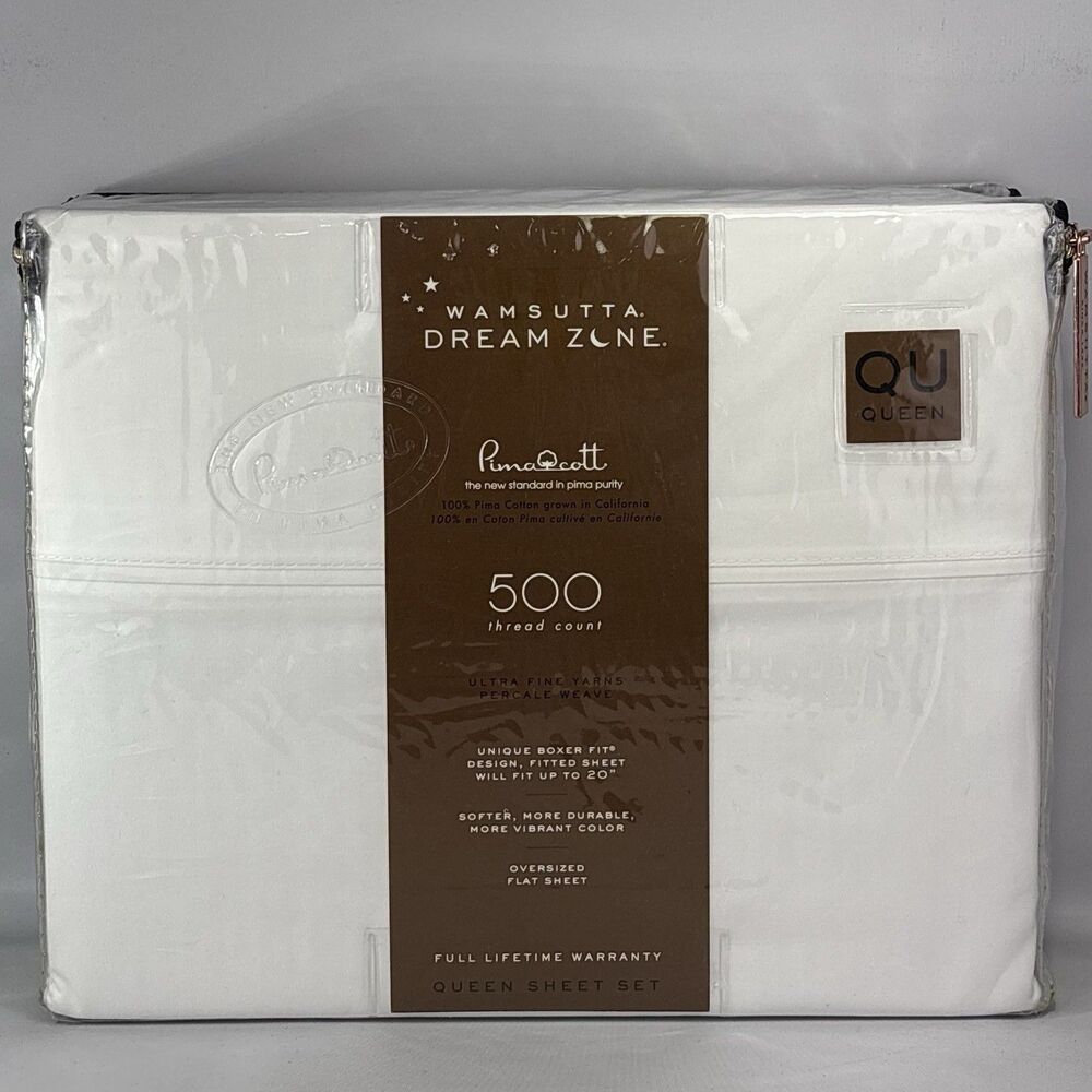 RARE WAMSUTTA Dream Zone White 500TC PIMACOTT Cotton QUEEN PERCALE Sheet Set NEW